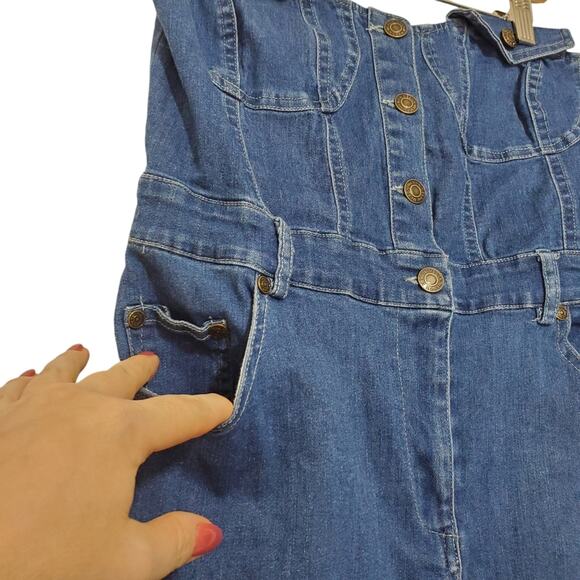 NWT Mebon | Y2K 90s Denim Button Front Strapless Tube Dress Pockets Stretch - Picture 3 of 8